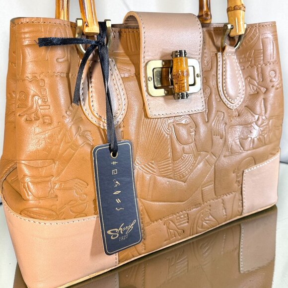 Sharif Legacy Hieroglyphic Egyptian Leather Satchel with Bamboo Handles - New - Picture 3 of 16